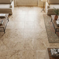 Tuscany Walnut 18x18 HF Travertine Tile — Family Room floor