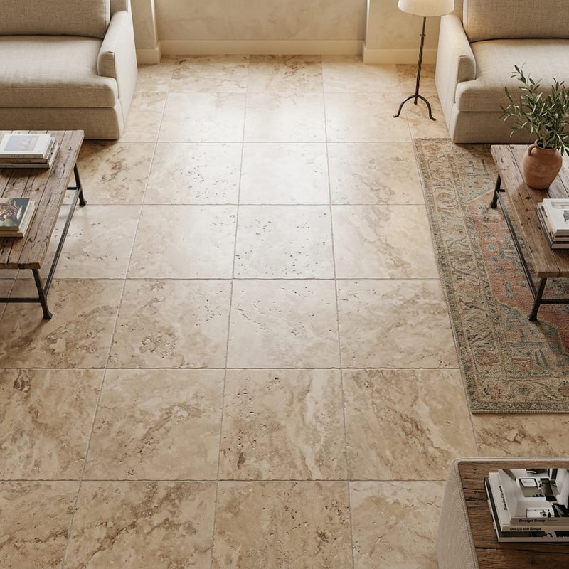 Tuscany Walnut 18x18 HF Travertine Tile — Family Room floor