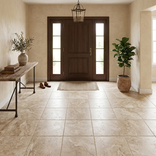Tuscany Walnut 18x18 HF Travertine Tile — Foyer floor
