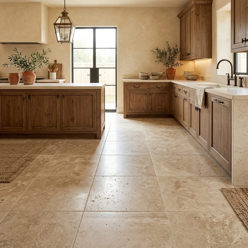 Tuscany Walnut 18x18 HF Travertine Tile — Kitchen floor