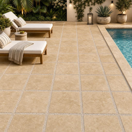 Tuscany Walnut 24x24 Tumbled Travertine Paver — Backyard pool deck