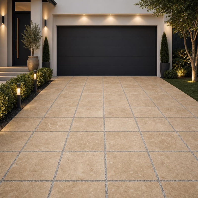 Tuscany Walnut 24x24 Tumbled Travertine Paver — Front Yard driveway