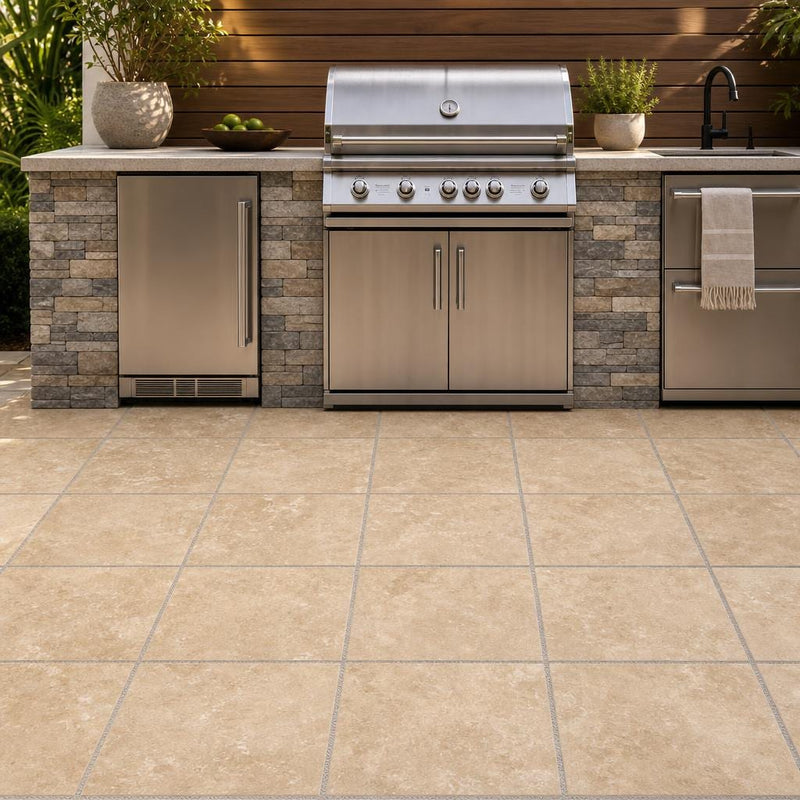 Tuscany Walnut 24x24 Tumbled Travertine Paver — Outdoor Kitchen floor
