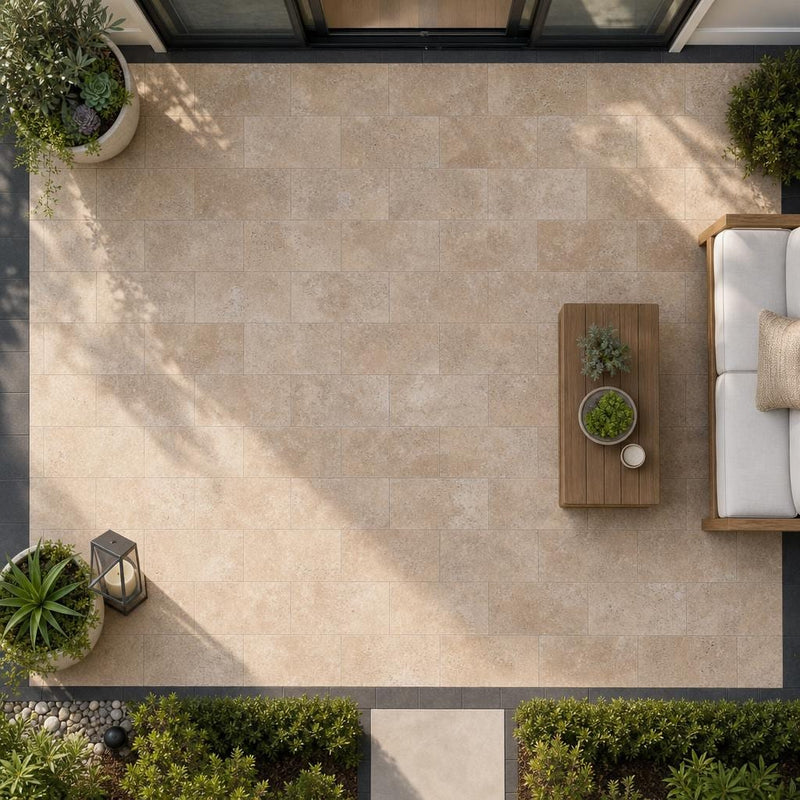 Tuscany Walnut 8x16 Tumbled Travertine Paver — Backyard patio