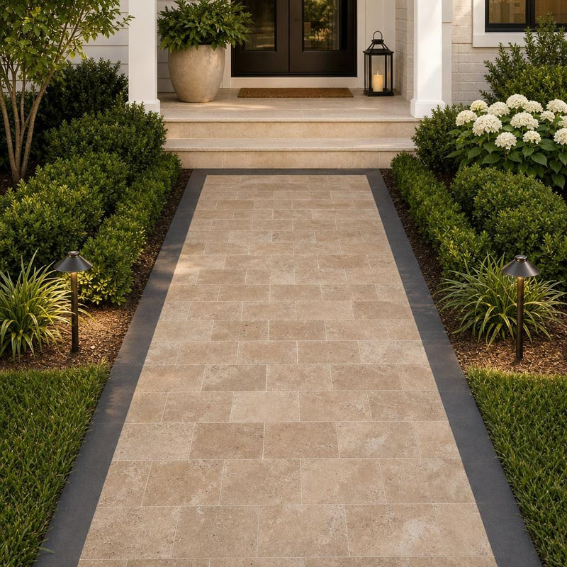 Tuscany Walnut 8x16 Tumbled Travertine Paver — Front Yard walkway