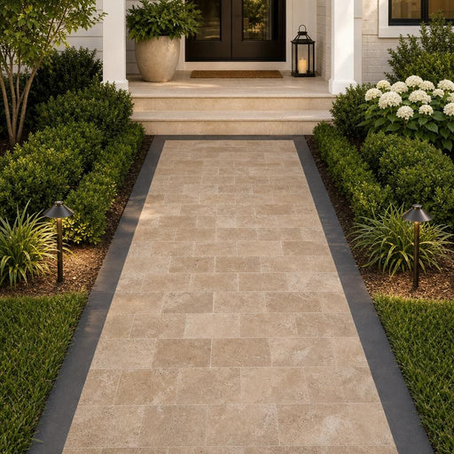 Tuscany Walnut 8x16 Tumbled Travertine Paver — Front Yard walkway