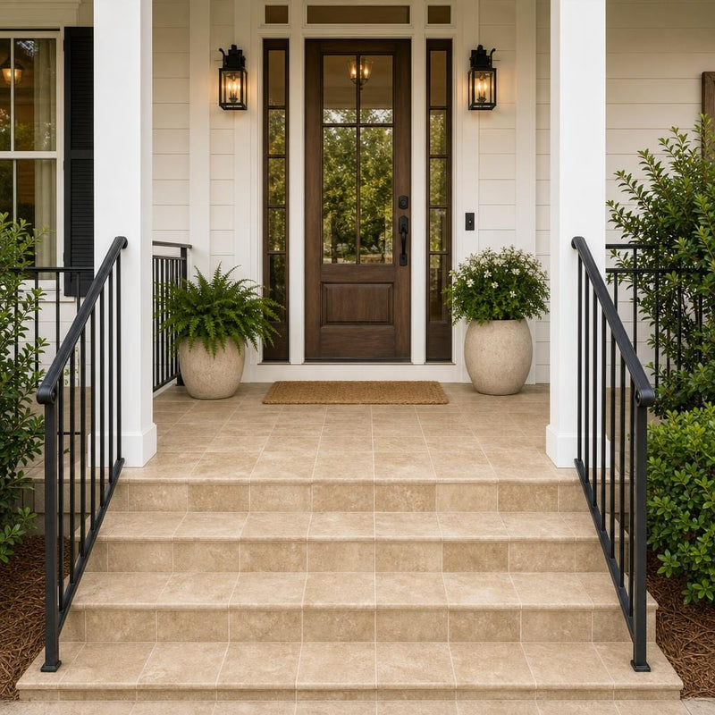 Tuscany Walnut 8x8 Tumbled Travertine Paver — Front Yard front porch