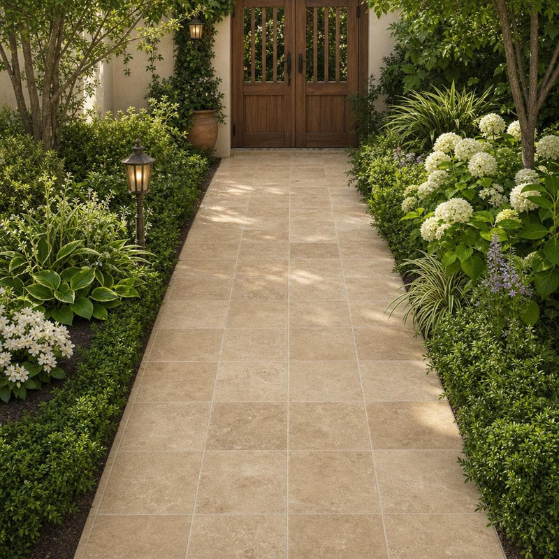 Tuscany Walnut 8x8 Tumbled Travertine Paver — Garden path