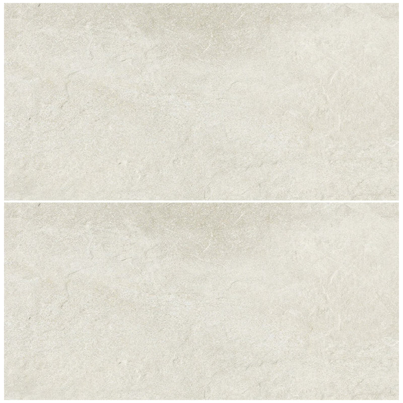 Two views of Unicom Board Chalk matte porcelain tile with a pale ivory-grey stone effect and softly varied natural-looking texture.
