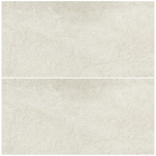 Two views of Unicom Board Chalk matte porcelain tile with a pale ivory-grey stone effect and softly varied natural-looking texture.