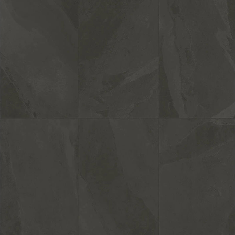 Rail Black matte porcelain tiles with subtle slate-like texture in a six-tile layout.