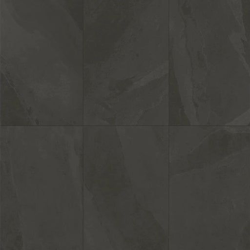 Rail Black matte porcelain tiles with subtle slate-like texture in a six-tile layout.