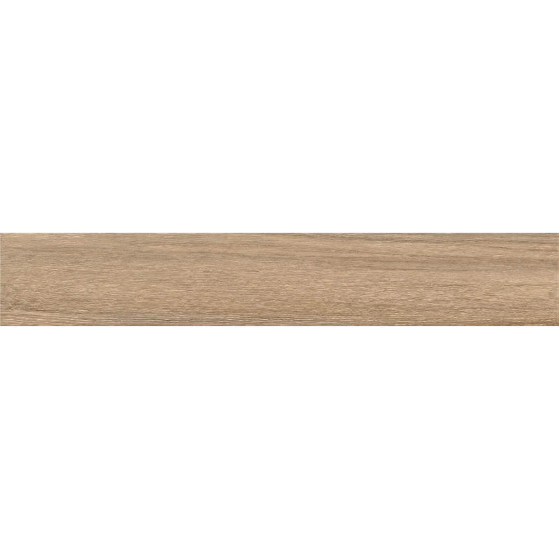 Single Unicom Essence Juniper 8x48 matte porcelain plank with beige wood grain on a white background.