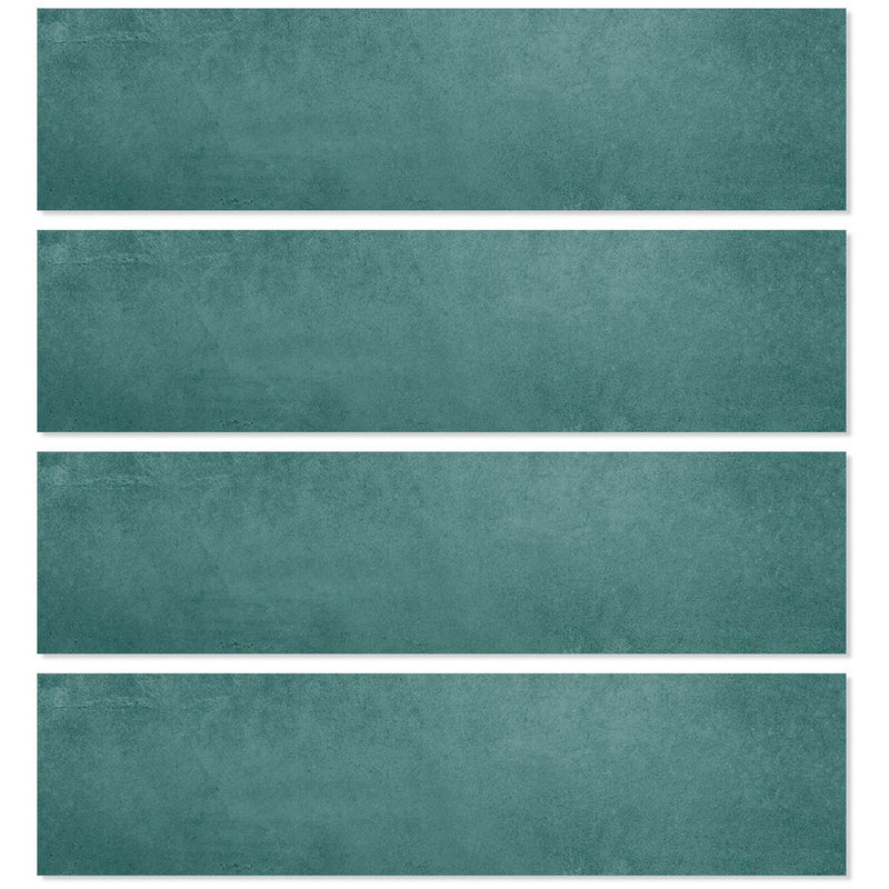 Unicom Oxid Emerald matte porcelain tiles with deep teal green coloring and subtle oxidized metal texture, shown as four rectangular tiles.