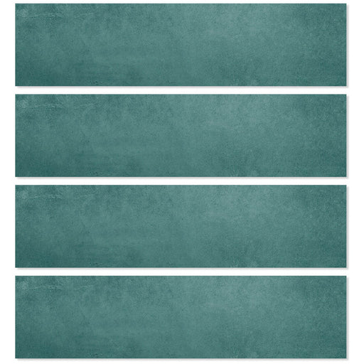 Unicom Oxid Emerald matte porcelain tiles with deep teal green coloring and subtle oxidized metal texture, shown as four rectangular tiles.