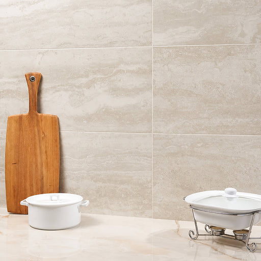 UNICOM Select Cream 12x24 matte porcelain tile kitchen backsplash with soft cream tones and stone-look texture.