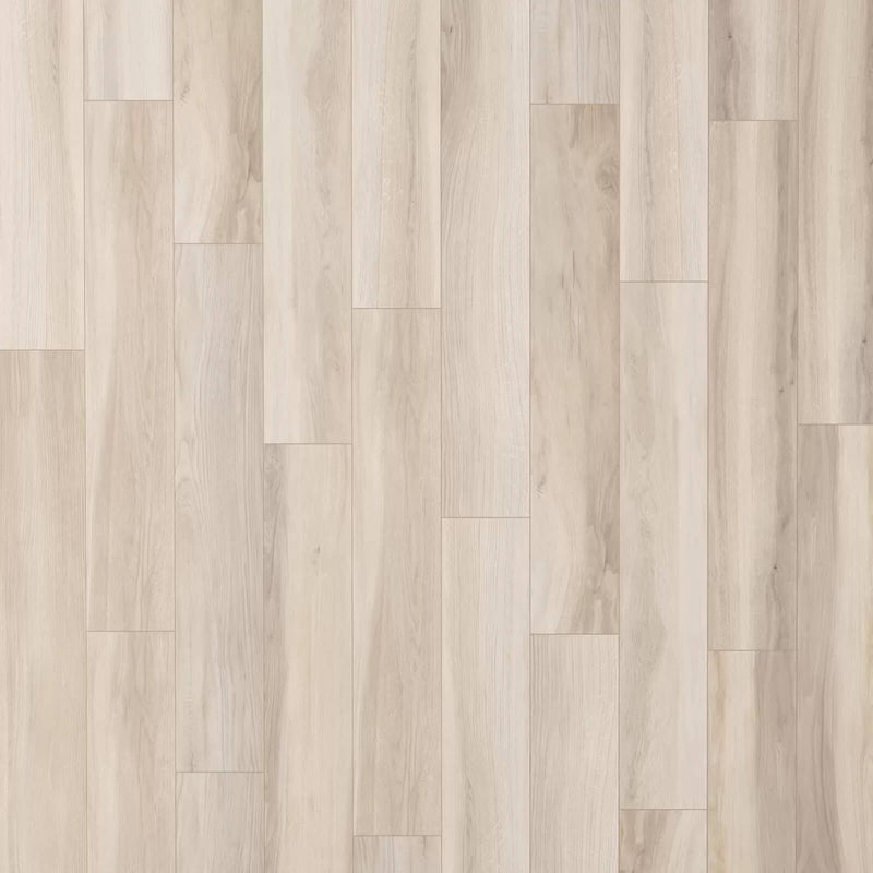 Unicom Wooden Maple 8x48 porcelain tiles with light beige wood grain in a staggered plank layout.