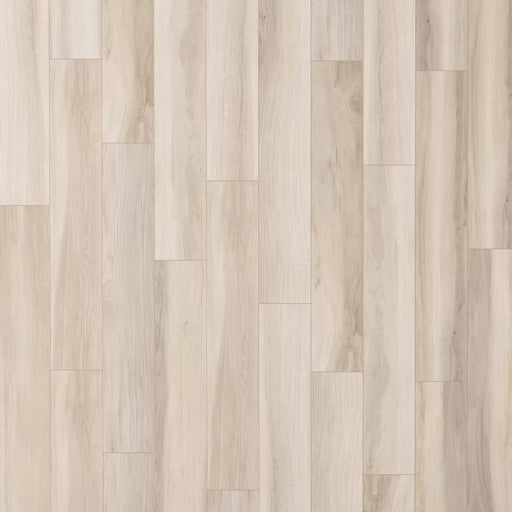 Unicom Wooden Maple 8x48 porcelain tiles with light beige wood grain in a staggered plank layout.