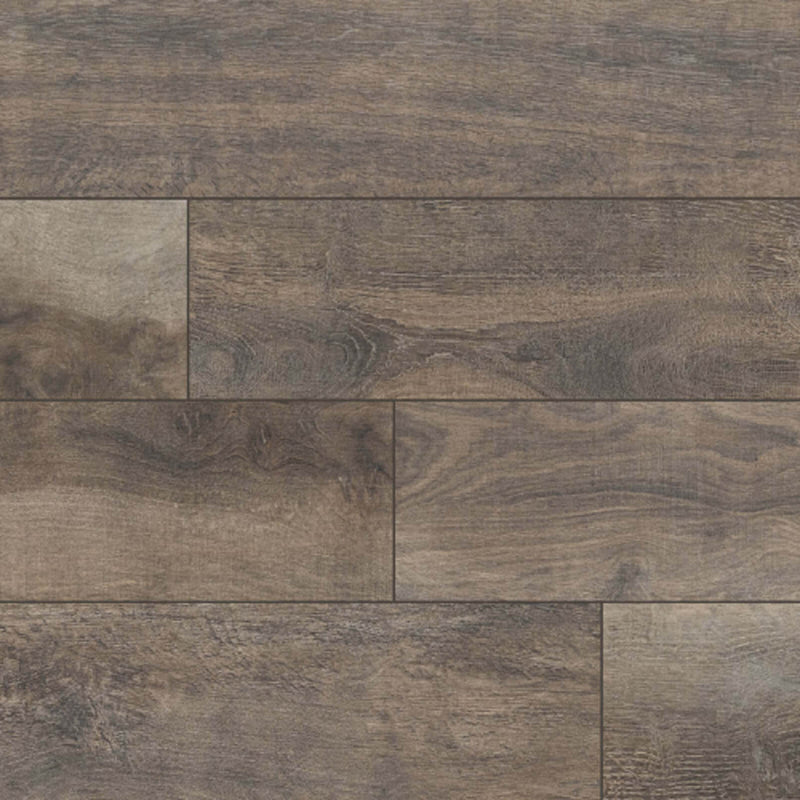 Upscape Greige matte porcelain wood look planks in a staggered layout, with brown and greige shading, pronounced wood grain, knots, and narrow grout joints.