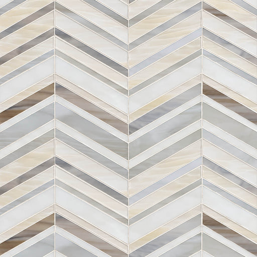 Urban Wave Greige 3mm glass mosaic tile with a chevron pattern in soft gray, beige, and ivory tones.