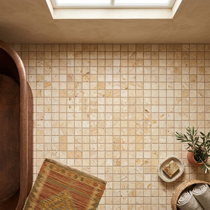 Valencia Travertine 1x1 Tumbled Travertine Mosaic — Bathroom floor