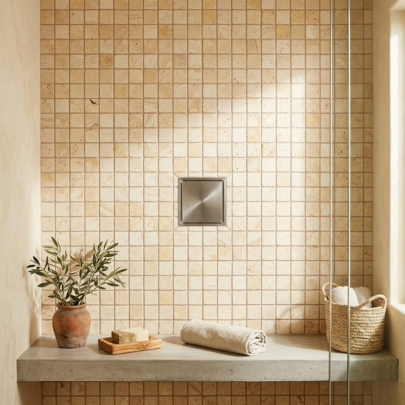 Valencia Travertine 1x1 Tumbled Travertine Mosaic — Bathroom shower floor