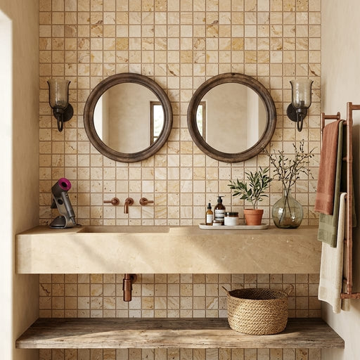 Valencia Travertine 1x1 Tumbled Travertine Mosaic — Bathroom shower wall