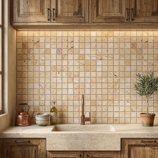 Valencia Travertine 1x1 Tumbled Travertine Mosaic — Kitchen backsplash