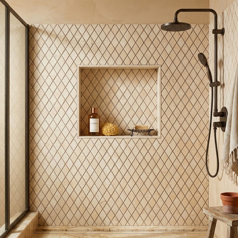 Valencia Travertine 1x2 Tumbled Travertine Diamond / Rhomboid Mosaic — Bathroom shower wall