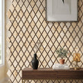 Valencia Travertine 1x2 Tumbled Travertine Diamond / Rhomboid Mosaic — Living Room accent wall