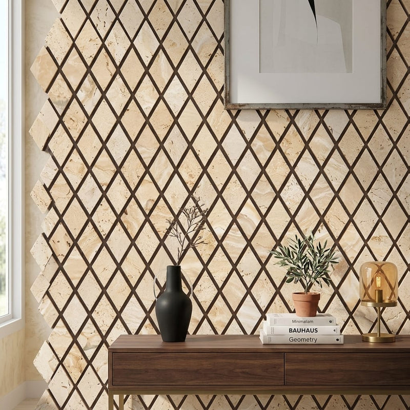 Valencia Travertine 1x2 Tumbled Travertine Diamond / Rhomboid Mosaic — Living Room accent wall