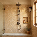 Valencia Travertine 1x2 Tumbled Travertine Herringbone Mosaic — Bathroom shower wall