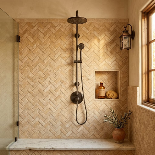Valencia Travertine 1x2 Tumbled Travertine Herringbone Mosaic — Bathroom shower wall