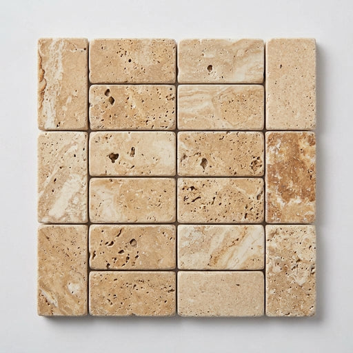 Valencia Travertine 1x2 Tumbled Travertine Herringbone Mosaic close-up