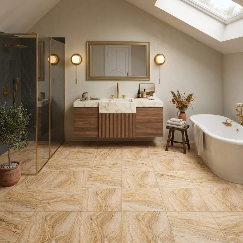 Valencia Travertine 12x12 Filled & Honed Travertine Tile — Bathroom floor
