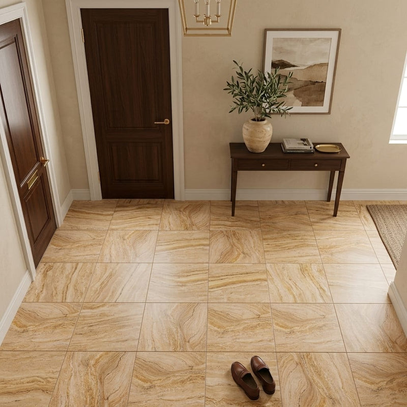 Valencia Travertine 12x12 Filled & Honed Travertine Tile — Foyer floor
