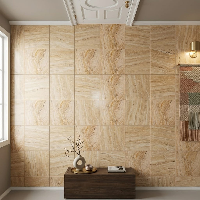 Valencia Travertine 12x12 Filled & Honed Travertine Tile — Hallway floor