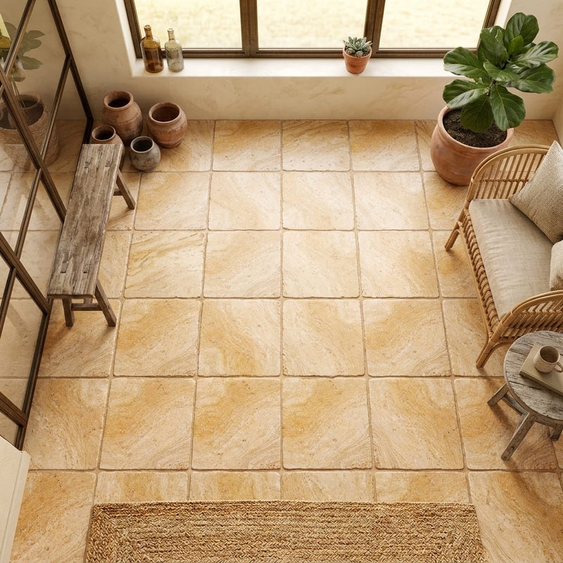 Valencia Travertine 12x12 Tumbled Travertine Tile — Sunroom floor