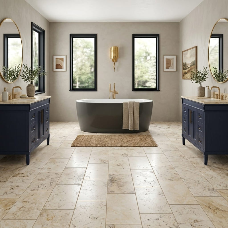 Valencia Travertine 12x24 Filled & Honed Travertine Tile — Bathroom floor