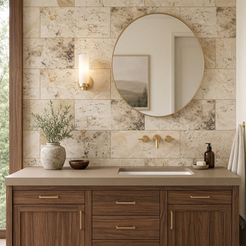 Valencia Travertine 12x24 Filled & Honed Travertine Tile — Bathroom vanity wall