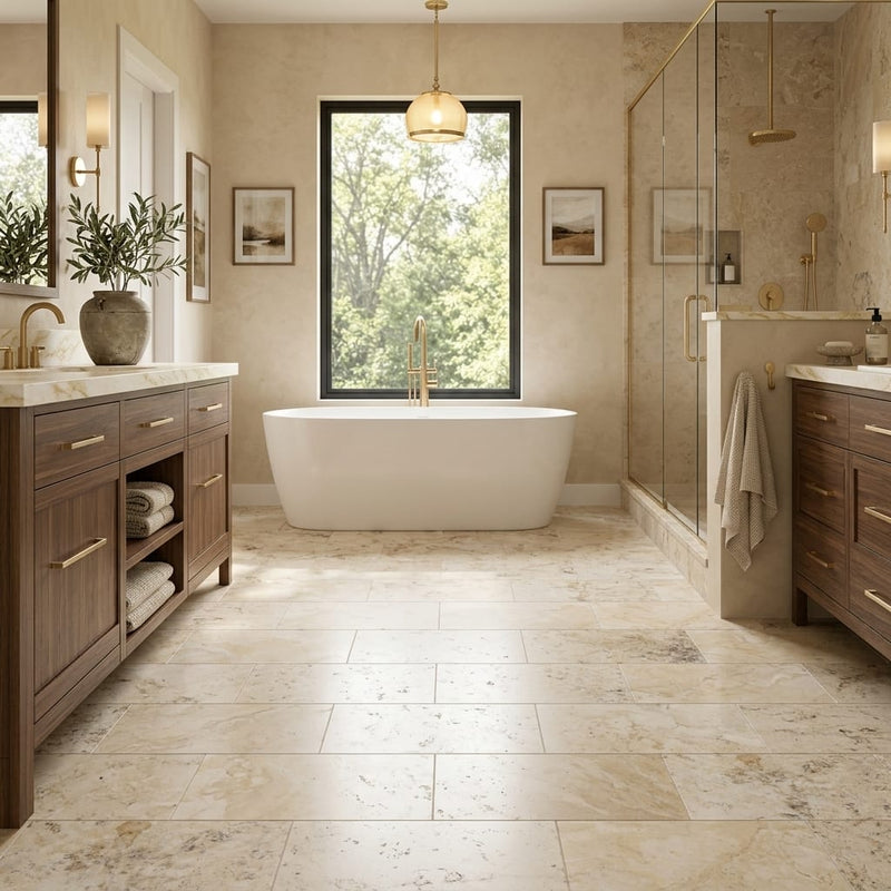 Valencia Travertine 12x24 Filled & Honed Travertine Tile — Primary Bath floor