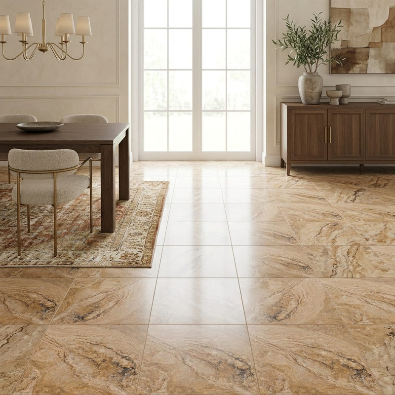 Valencia Travertine 18x18 Filled & Honed Travertine Tile — Dining Room floor