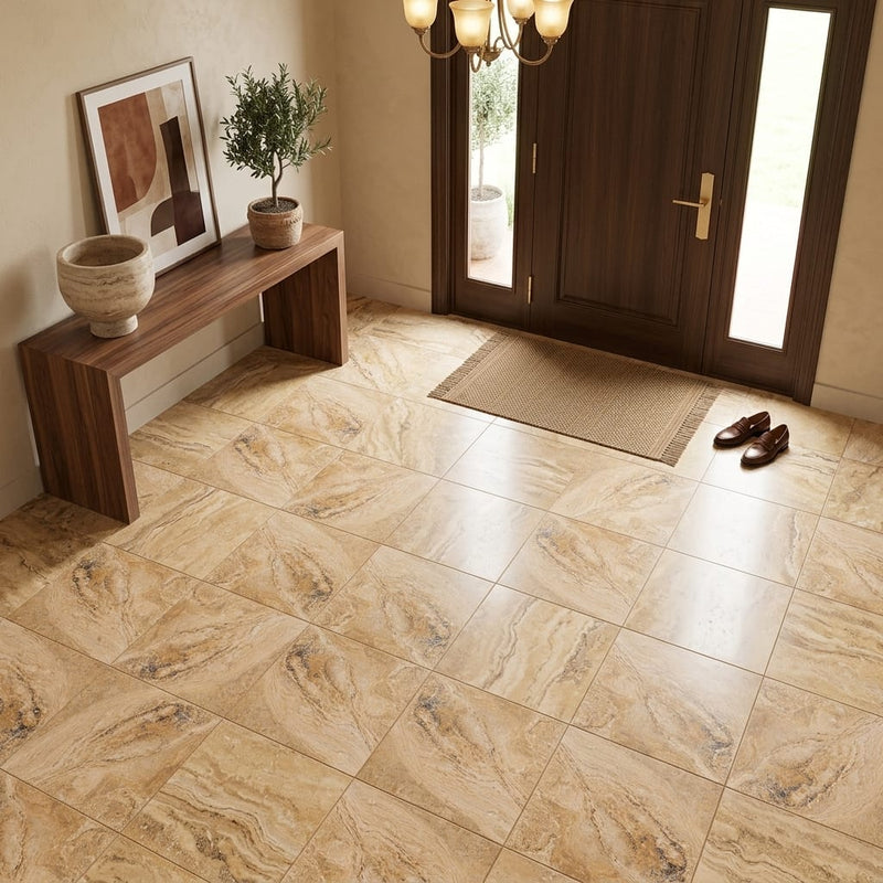 Valencia Travertine 18x18 Filled & Honed Travertine Tile — Foyer floor