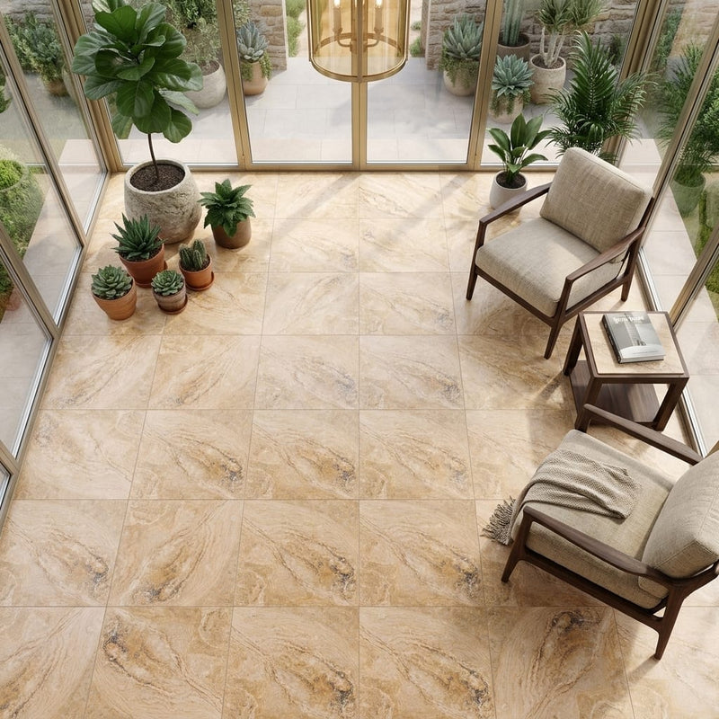 Valencia Travertine 18x18 Filled & Honed Travertine Tile — Sunroom floor