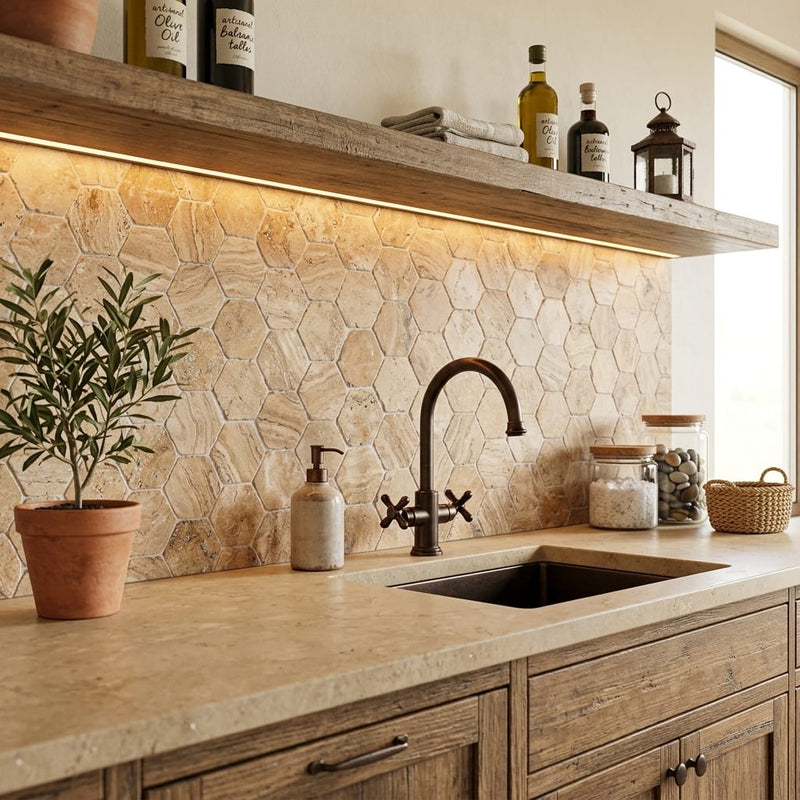 Valencia Travertine 2x2 Tumbled Travertine Hexagon Mosaic — Kitchen backsplash