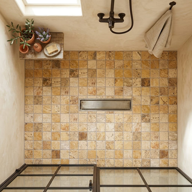Valencia Travertine 2x2 Tumbled Travertine Mosaic — Bathroom shower floor