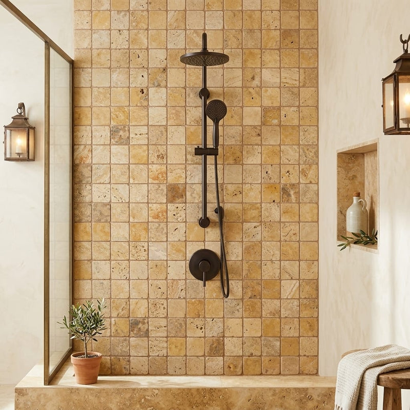 Valencia Travertine 2x2 Tumbled Travertine Mosaic — Bathroom shower wall
