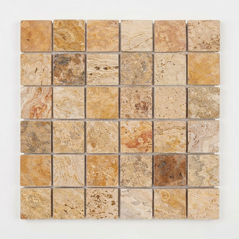 Valencia Travertine 2x2 Tumbled Travertine Mosaic close-up