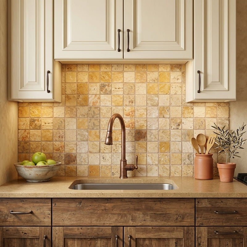 Valencia Travertine 2x2 Tumbled Travertine Mosaic — Kitchen backsplash