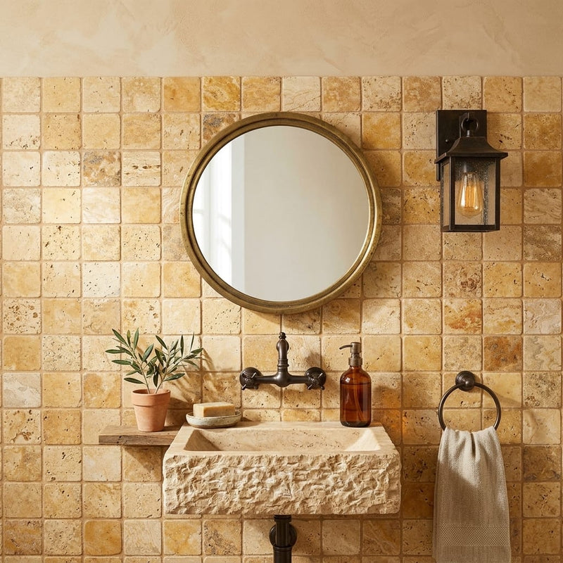 Valencia Travertine 2x2 Tumbled Travertine Mosaic — Powder Room wall